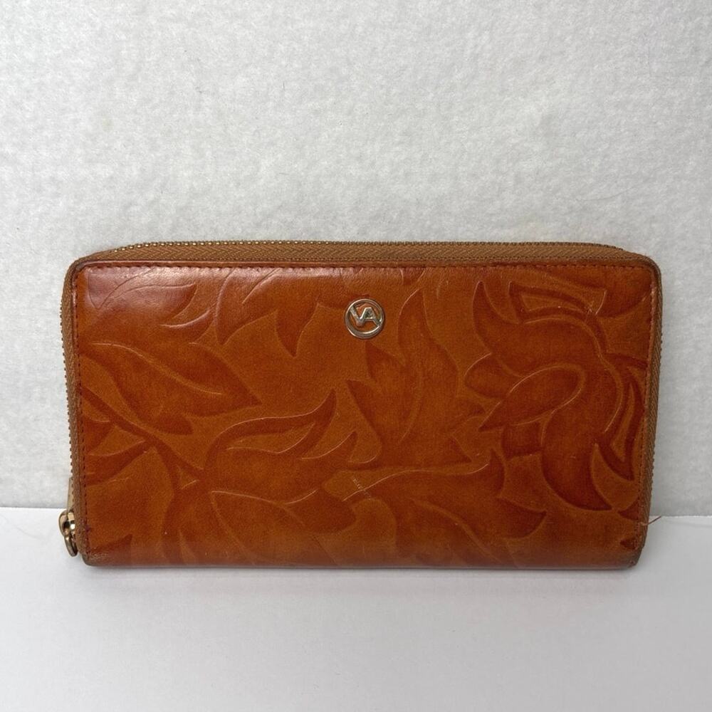 Valentina Italian Tulip Embossed Brown Leather Wallet Corner Zip Gold Hardware